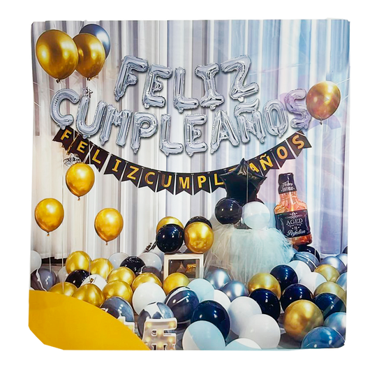 Bouquet Completo Feliz Cumpleaños Negro | Dorado | Plateado