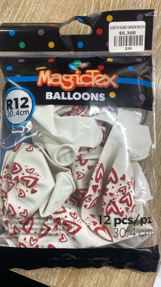 globo r12 blanco corazon rojo x12