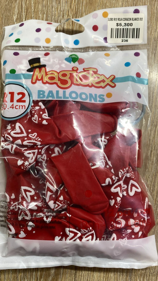 globo r12 roja corazon blanco x12